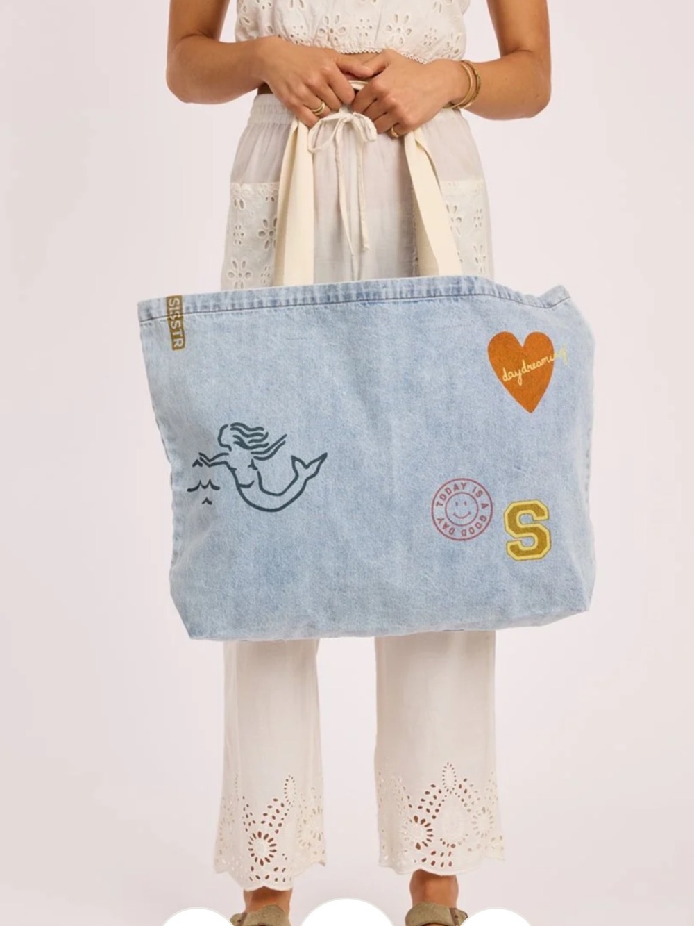 Denim Patch Tote Bag with Heart & Letter S - Light Blue